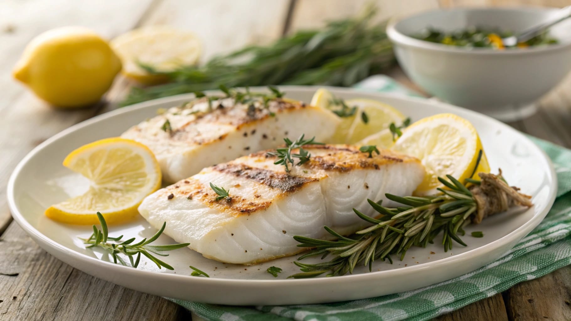 Delicious grilled white fish fillets with lemon and fresh herbs, showcasing a healthy and flavorful seafood meal