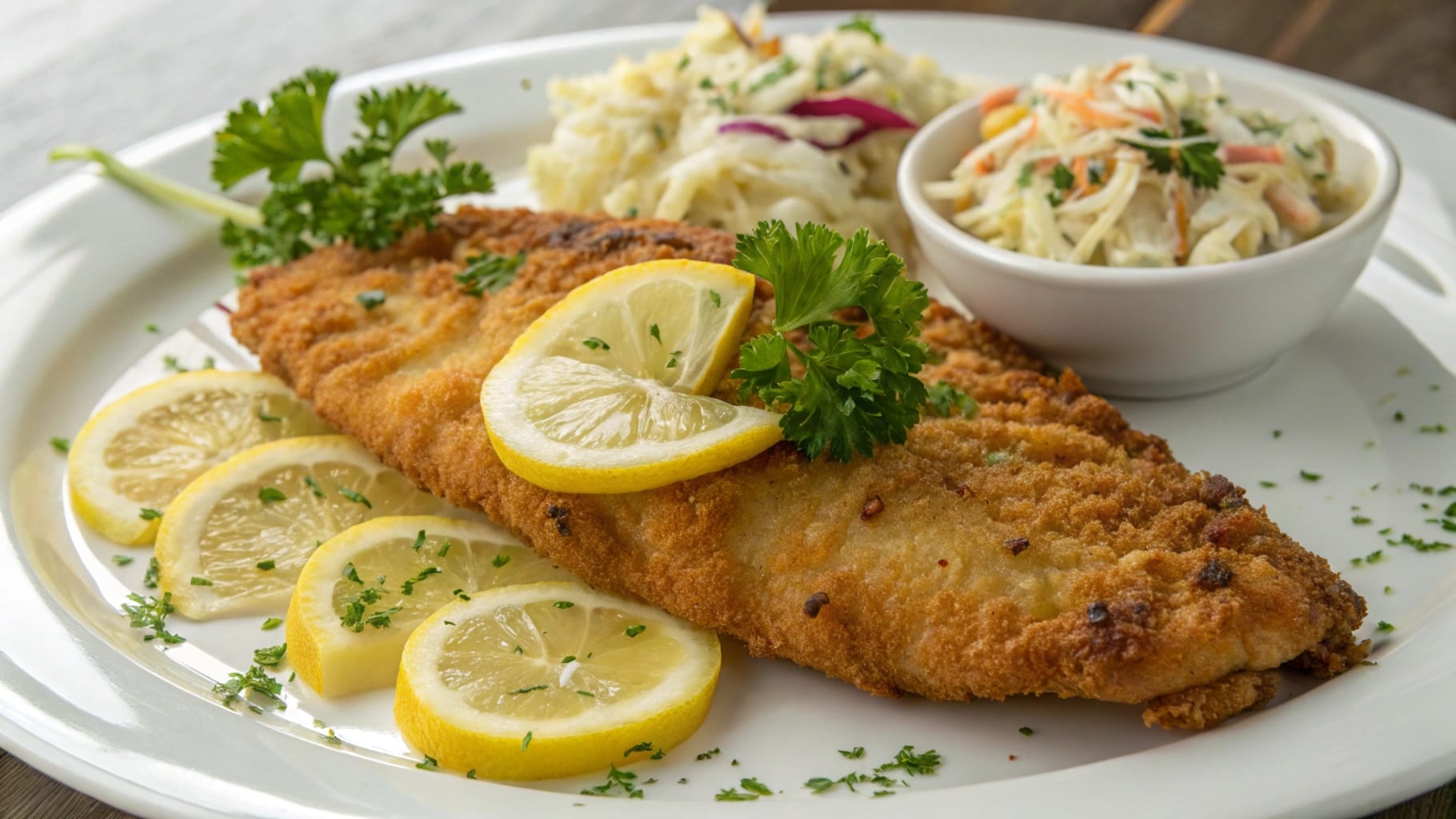 A beautifully plated golden fried fish garnished with fresh parsley and lemon slices, served with a side of creamy coleslaw on a white plate.