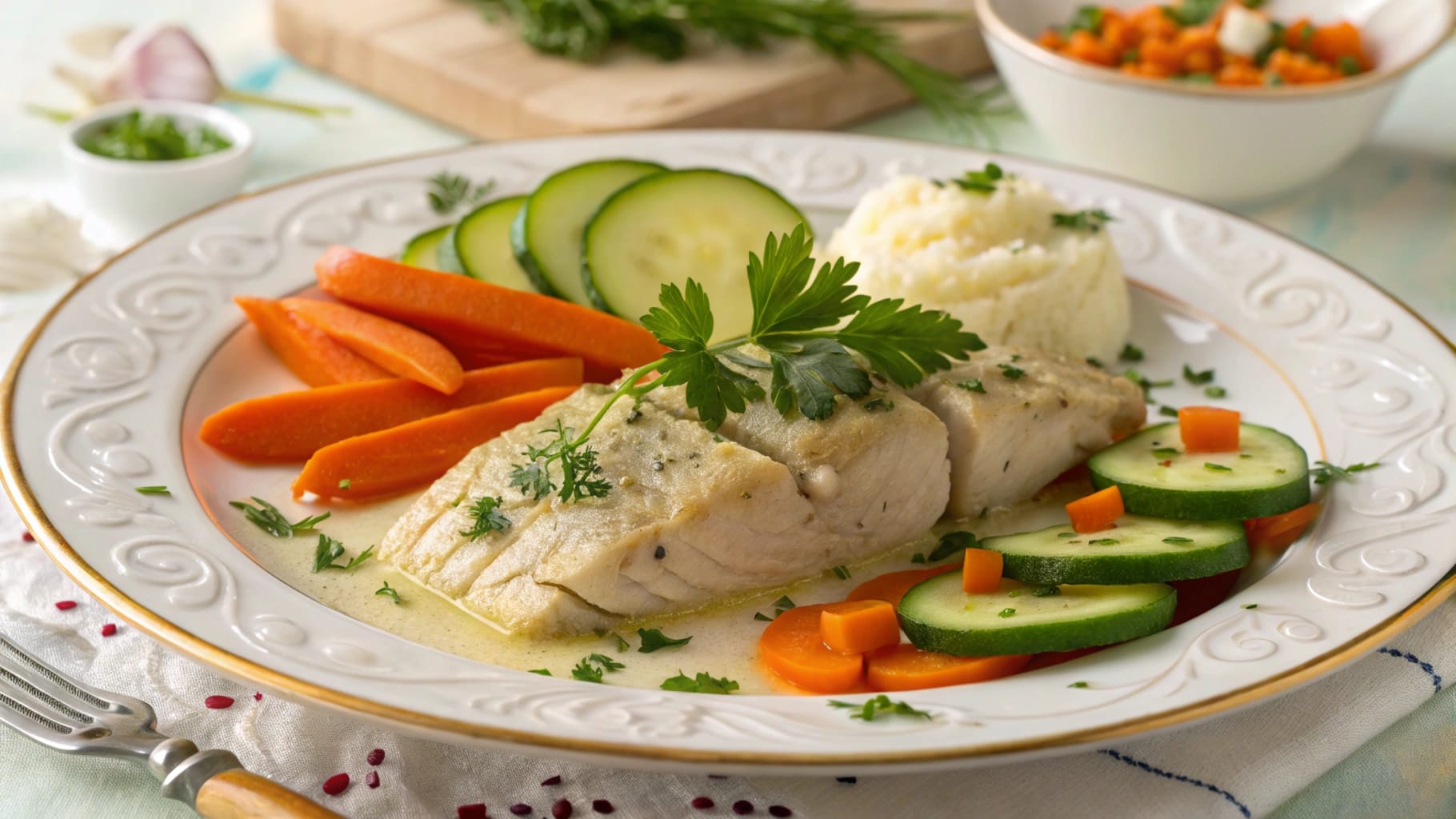 A beautifully plated serving of gefilte fish garnished with parsley, served alongside cooked carrots, cucumber slices, and mashed potatoes.