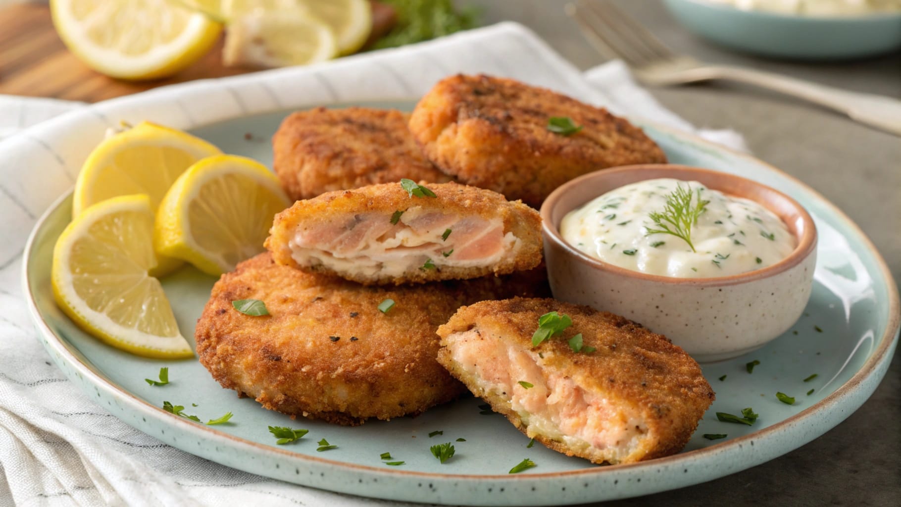 Ingredients for grandma’s old-fashioned salmon patties: canned salmon, breadcrumbs, egg, mayonnaise, and fresh herbs.