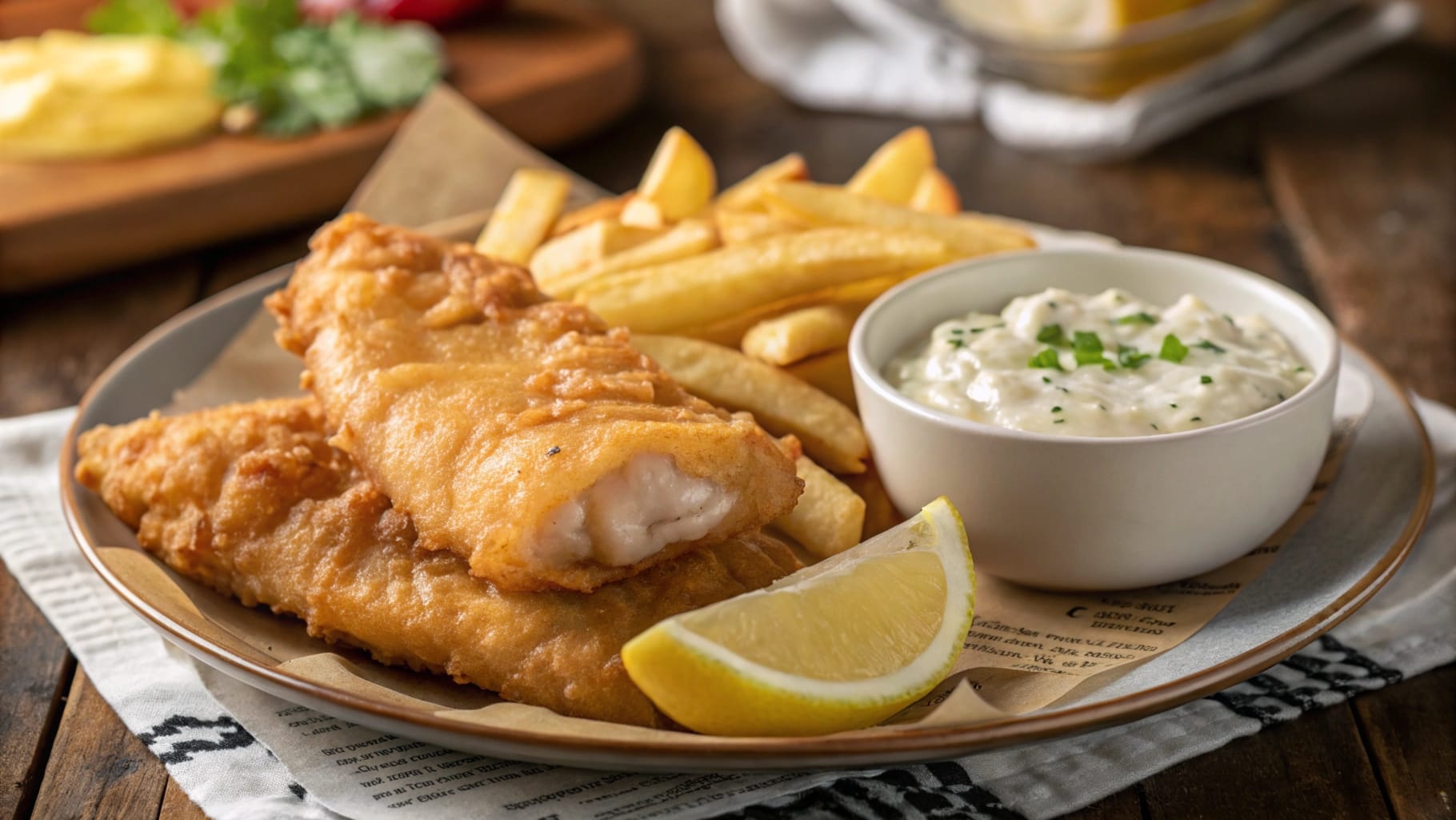 A close-up shot of crispy golden fish fillets served with thick-cut fries, a lemon wedge, and tartar sauce in a white bowl.