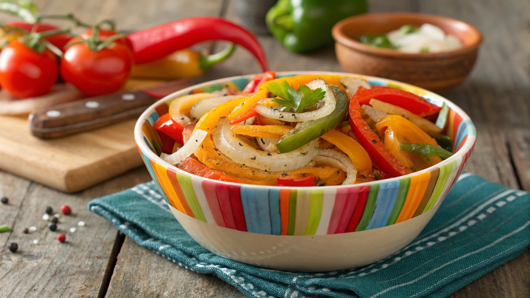 A colorful bowl filled with sautéed bell peppers, onions, and spices, garnished with fresh herbs.