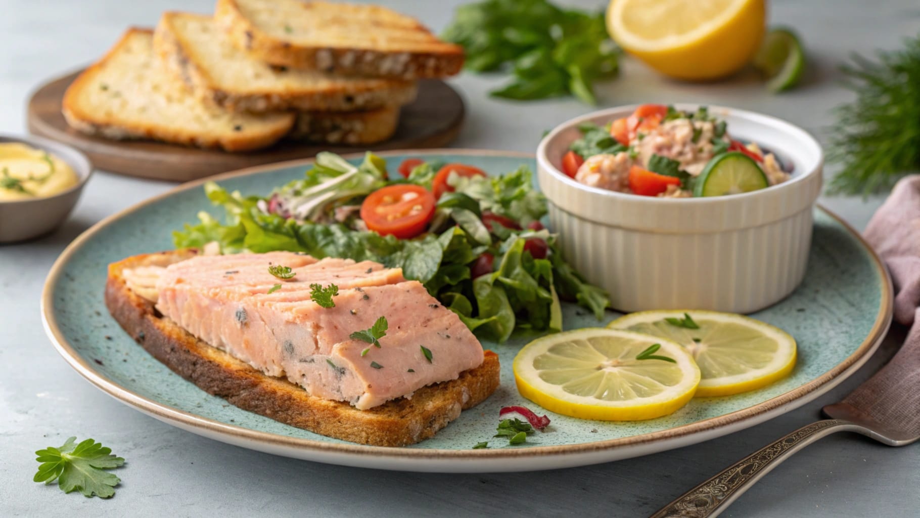 Delicious canned pink salmon recipe with salad and toast