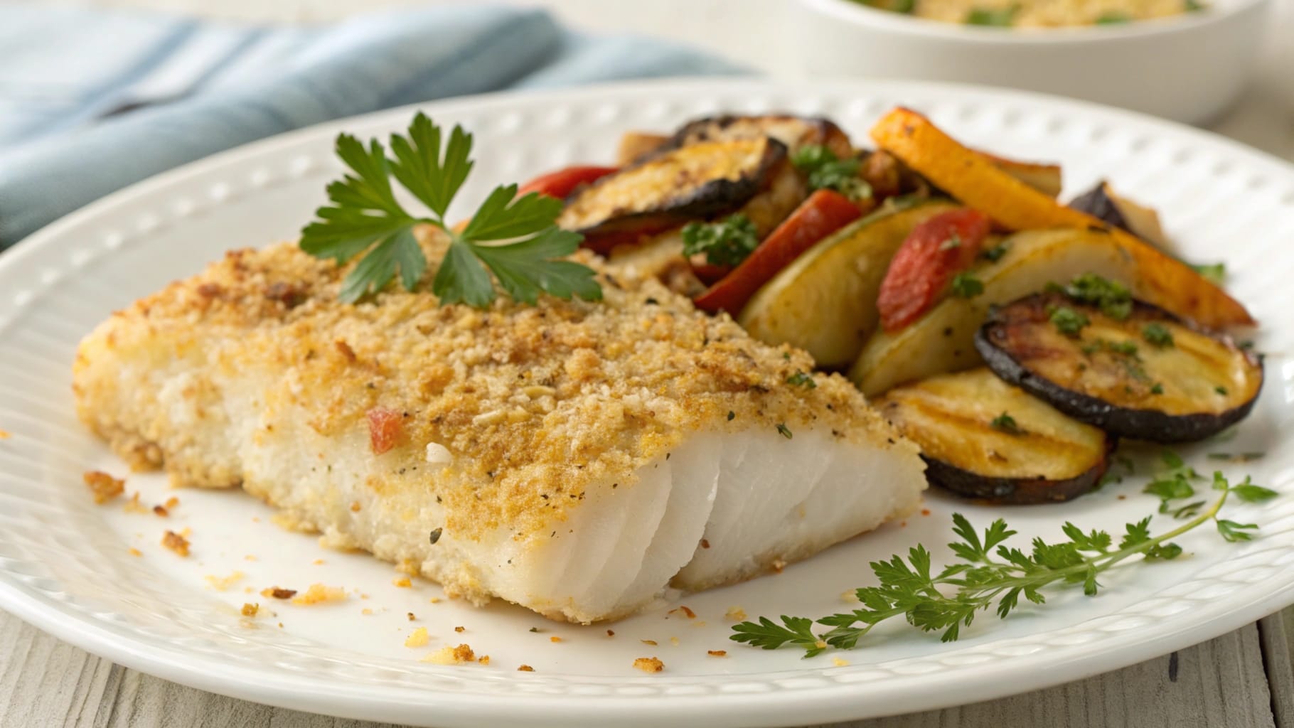 A delicious baked Pollock fillet coated in golden breadcrumbs, served with roasted vegetables on a white plate.