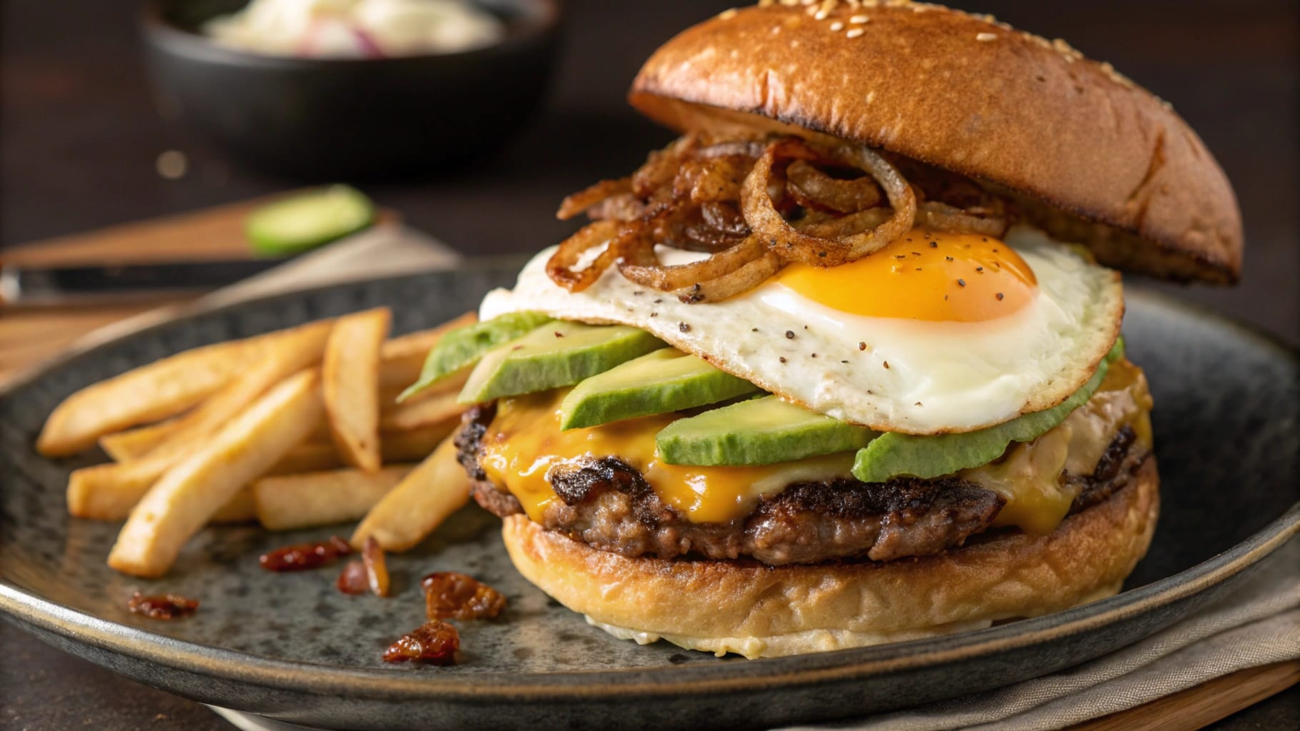 A delicious double cheeseburger topped with a fried egg, avocado slices, melted cheddar cheese, and crispy caramelized onions, served with a side of fries