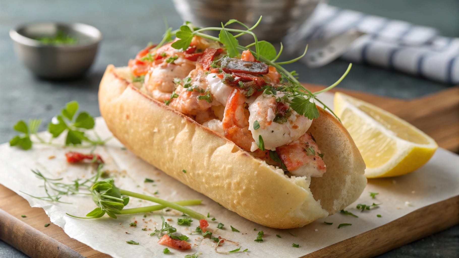 A gourmet lobster roll garnished with fresh herbs and served with a slice of lemon on a wooden board.