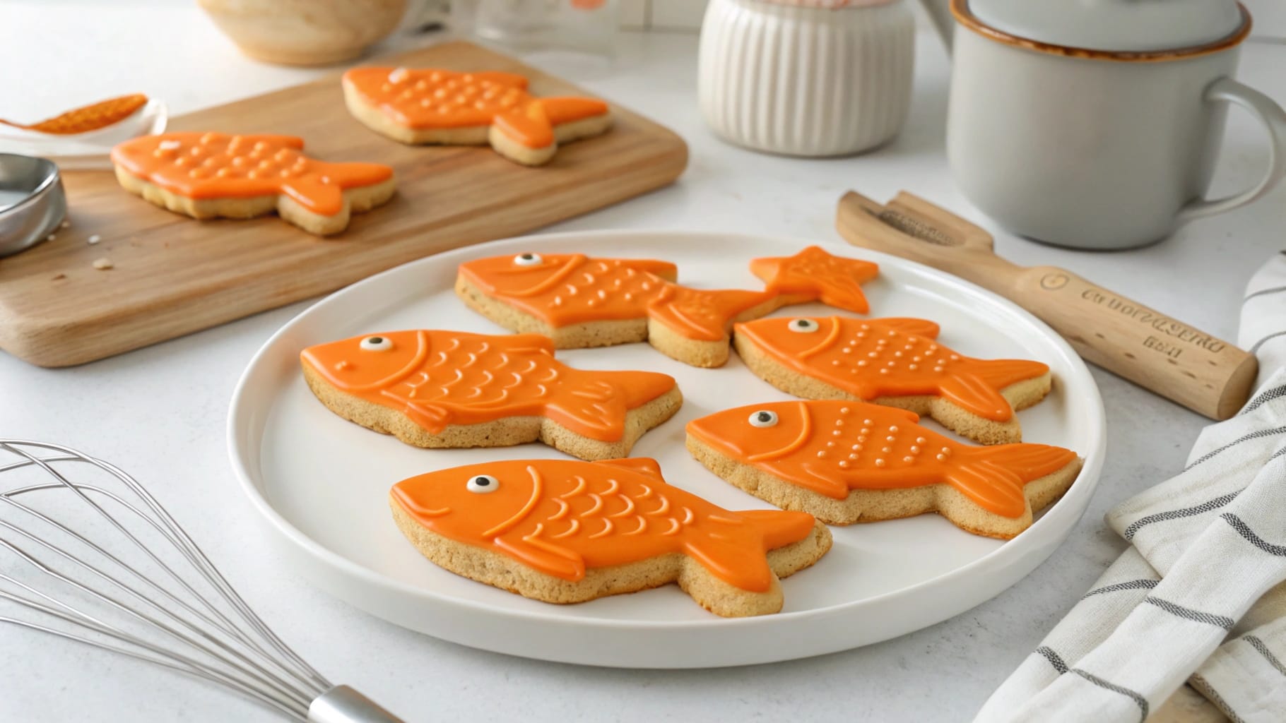 A batch of freshly baked orange fish cookies shaped like fish and decorated with orange glaze