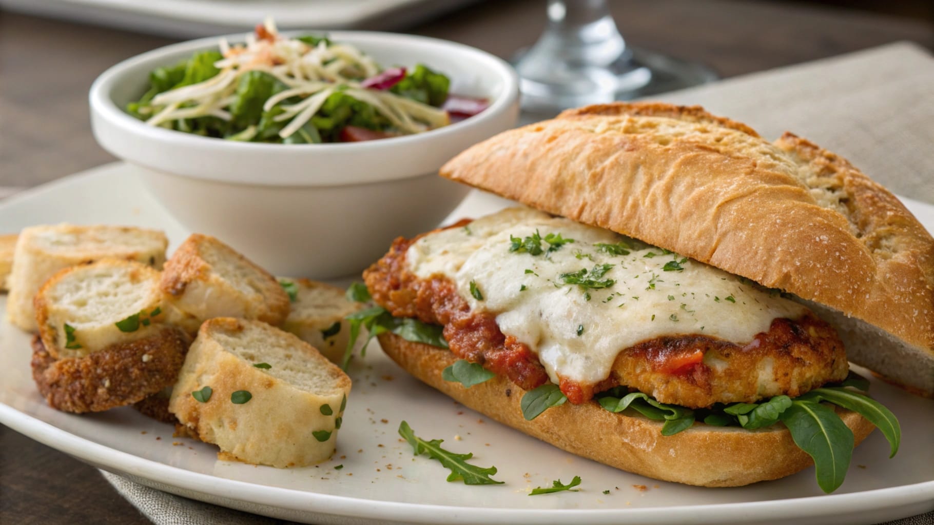 A freshly made chicken parm sandwich with crispy breaded chicken, melted cheese, and marinara sauce served with a side salad and garlic bread.