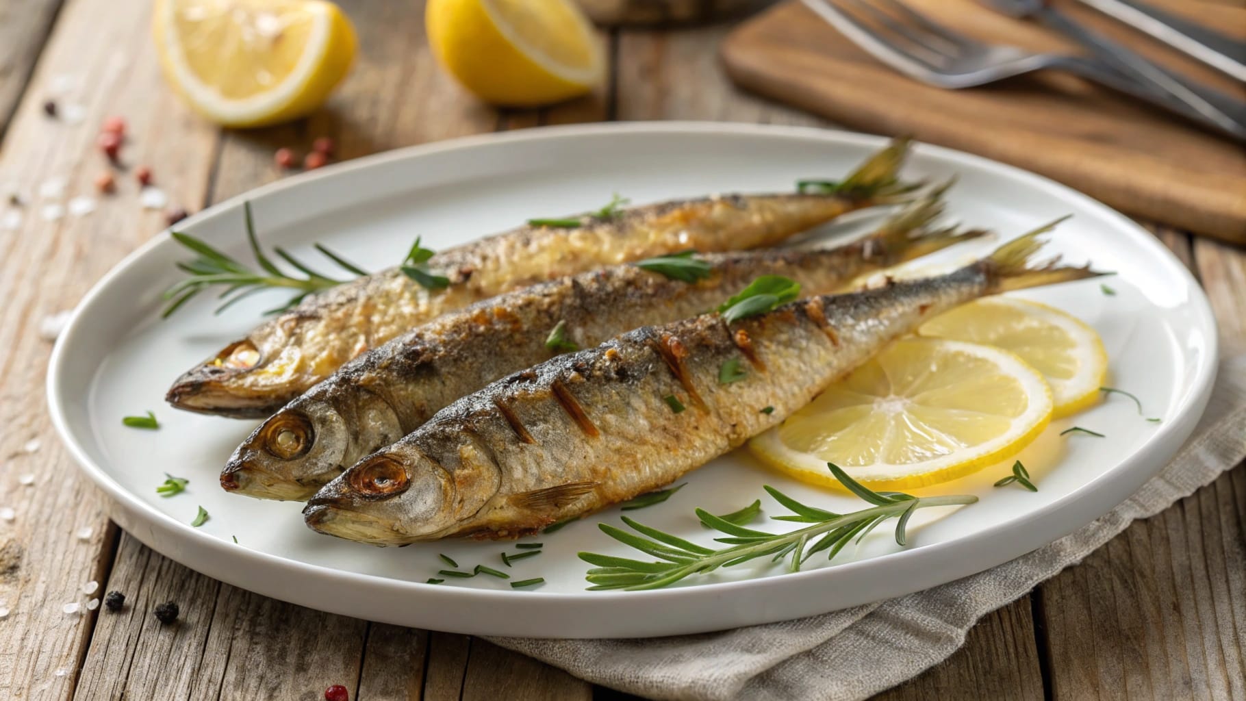 Grilled smelt fish served on a white plate with fresh lemon slices, rosemary, and herbs, placed on a rustic wooden table