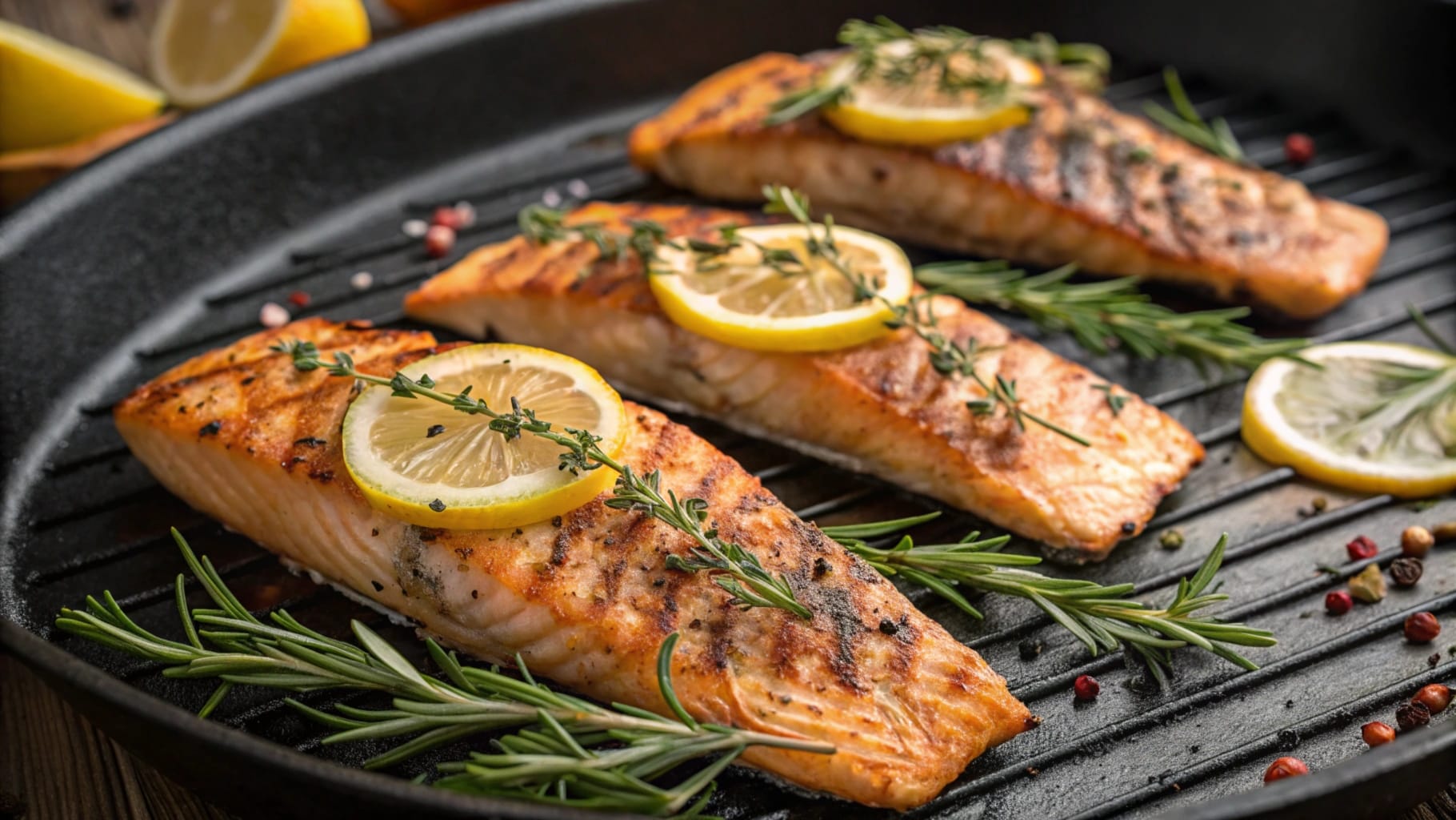 Three grilled steelhead fish fillets topped with lemon slices and thyme sprigs, placed on a grill pan with fresh rosemary and seasoning.