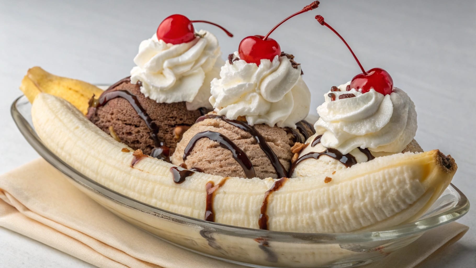 Close-up of a classic banana split with three scoops of ice cream, whipped cream, chocolate syrup, and cherries on top.