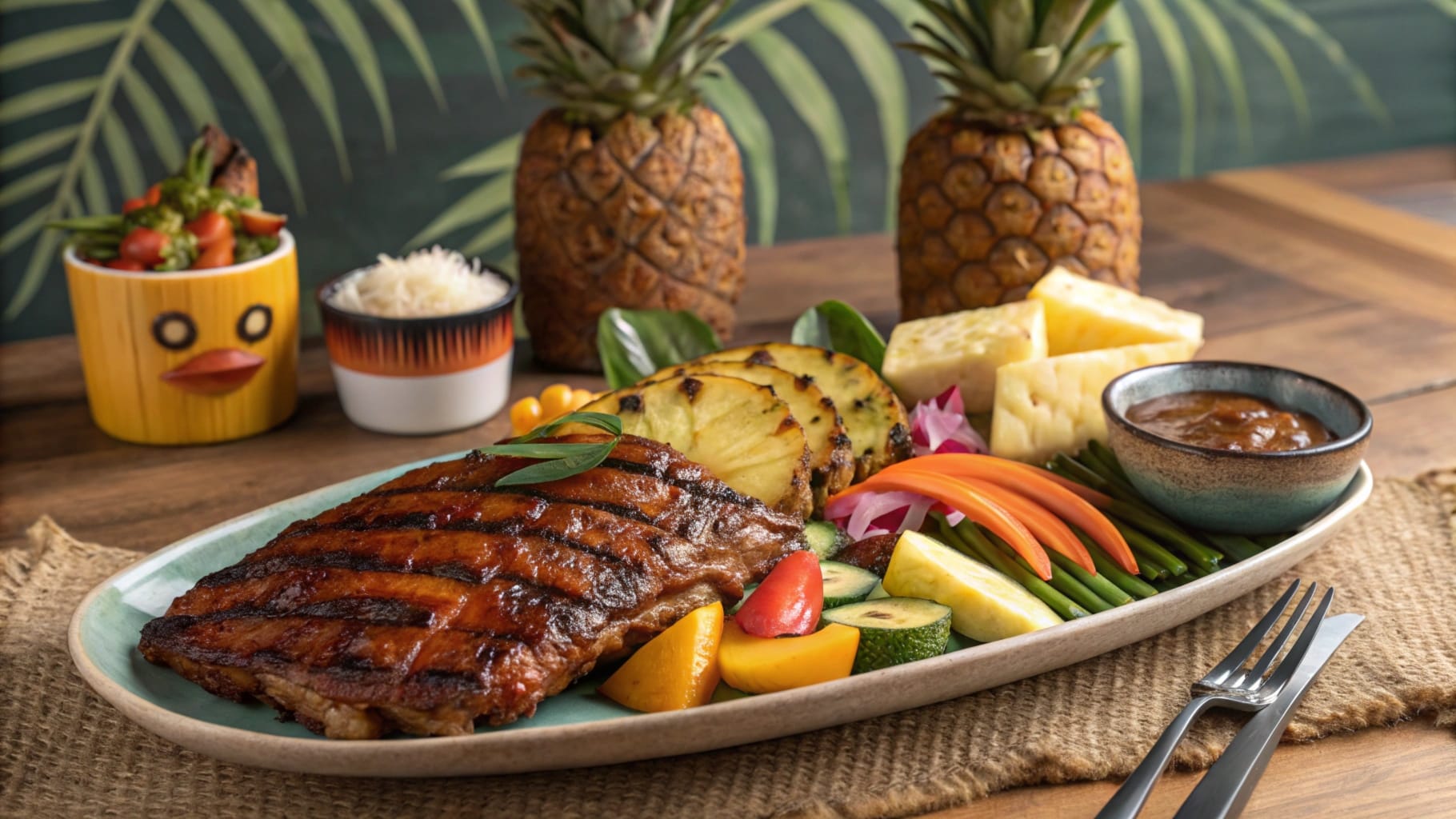 A vibrant Hawaiian BBQ platter with glazed pork ribs, grilled pineapple slices, fresh vegetables, rice, and tropical-themed decor in the background.