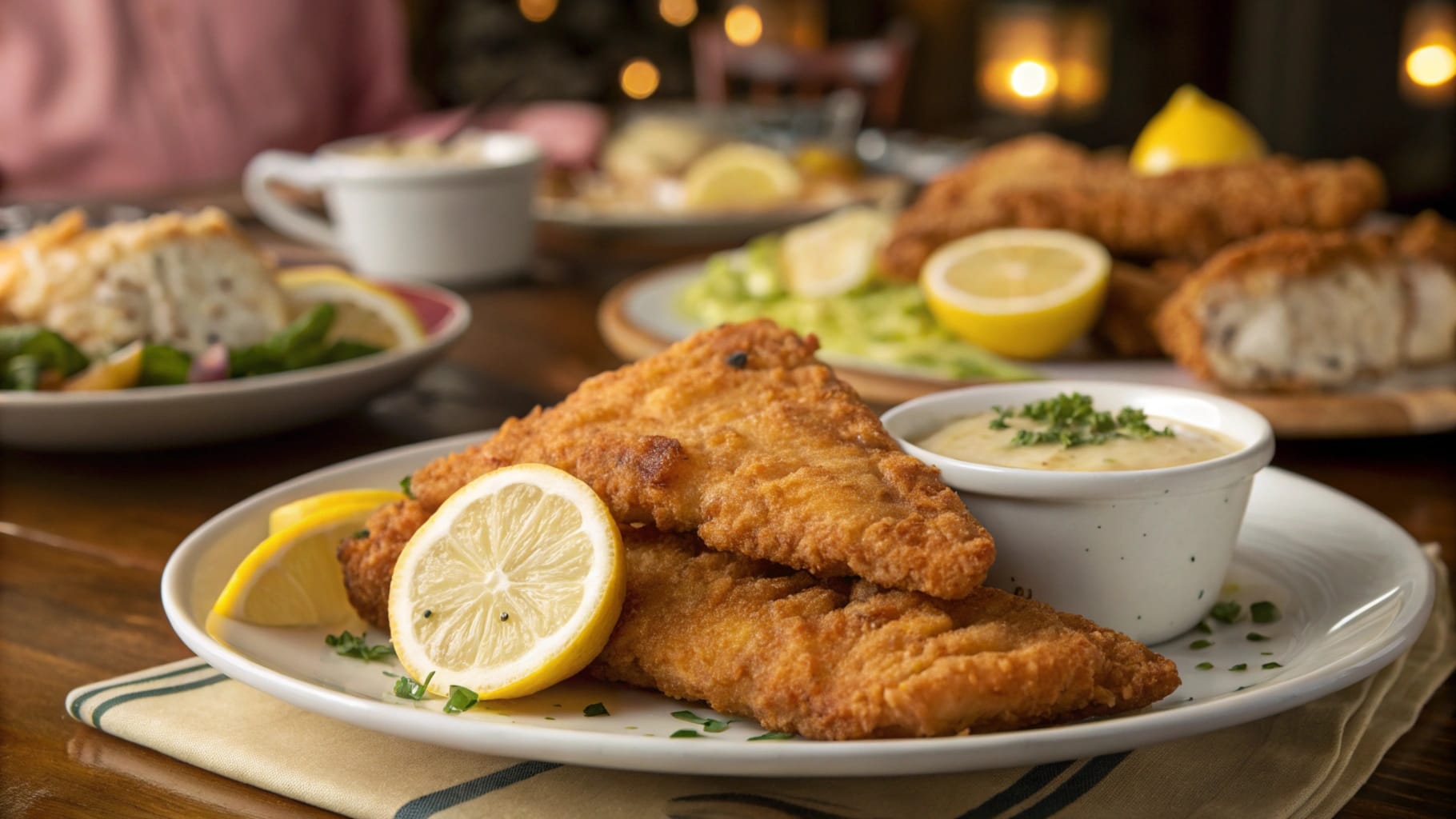 A close-up shot of perfectly fried fish fillets, crispy and golden brown, served on a plate