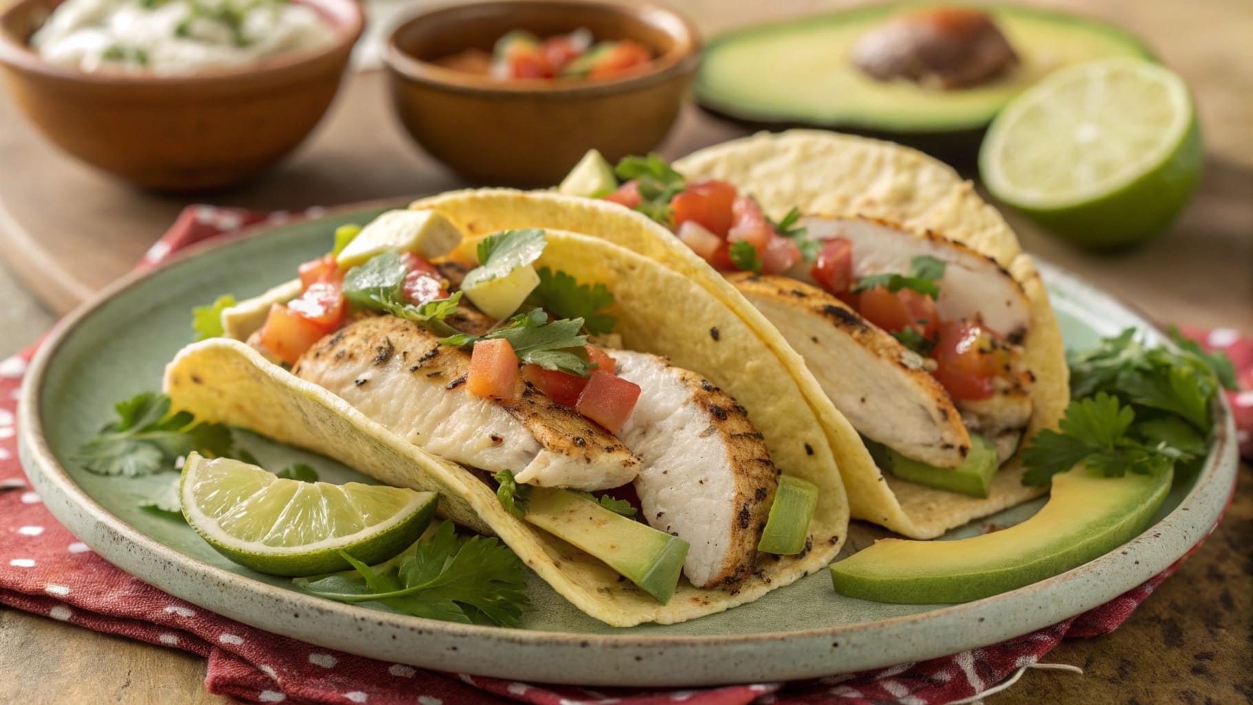 Grilled chicken fish tacos with avocado, salsa, cilantro, and lime, served on soft tortillas. Fresh, healthy, and flavorful meal.