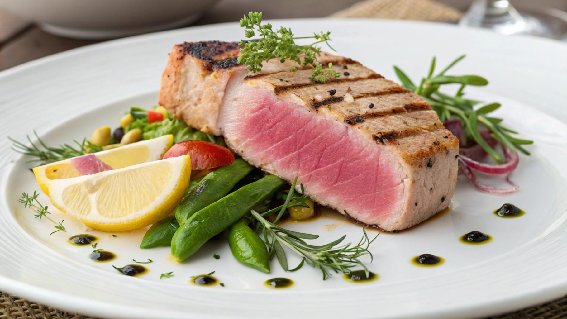 Perfectly grilled yellowfin tuna steak served with fresh vegetables, lemon wedges, and garnished with herbs.