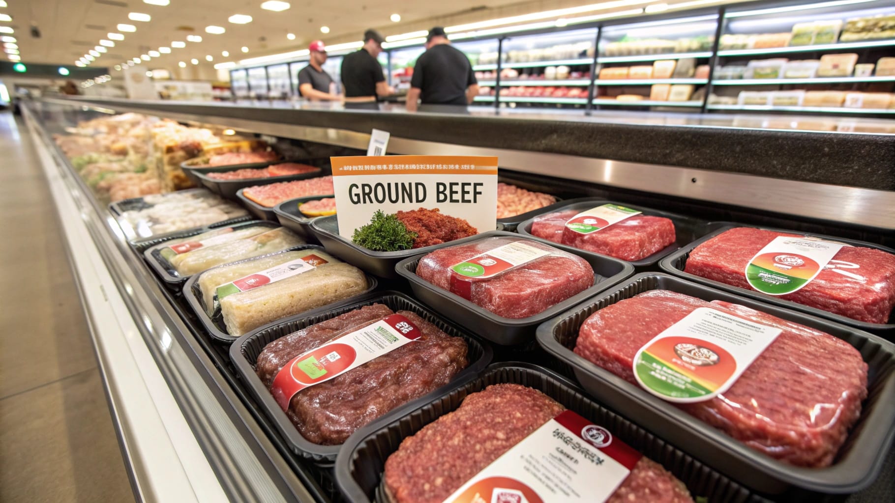 Variety of ground beef products displayed in a grocery store.