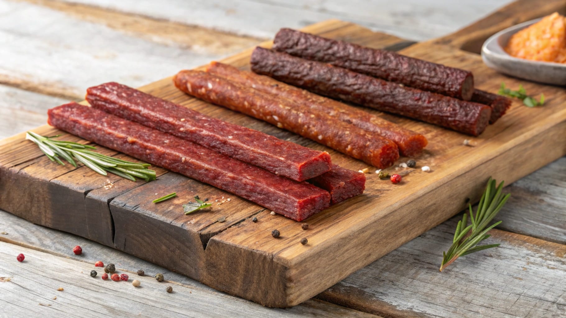 An assortment of beef sticks on a wooden cutting board, with rosemary sprigs and seasonings.