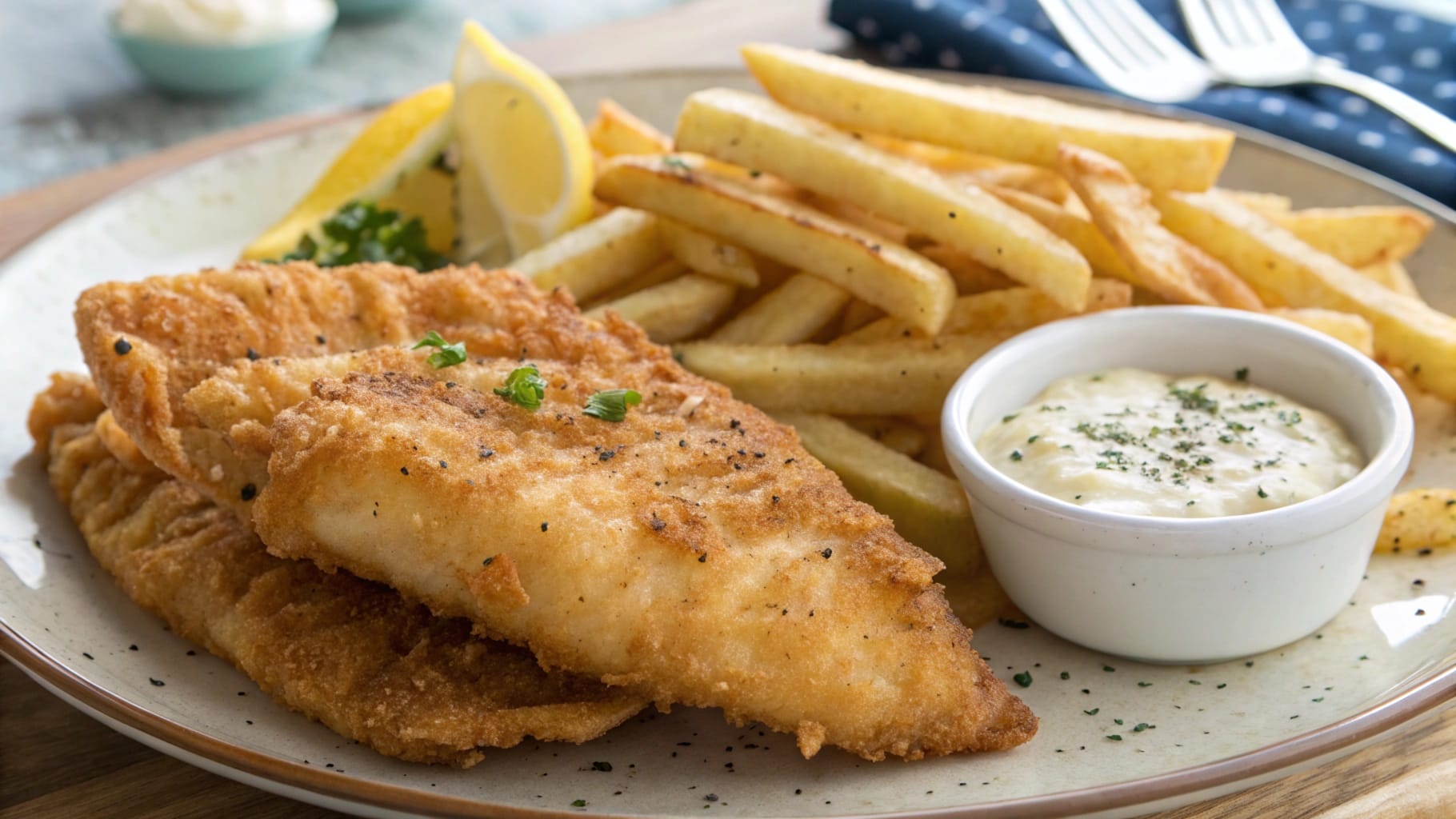 Golden, crispy fried fish served with a side of fries and tartar sauce on a plate.