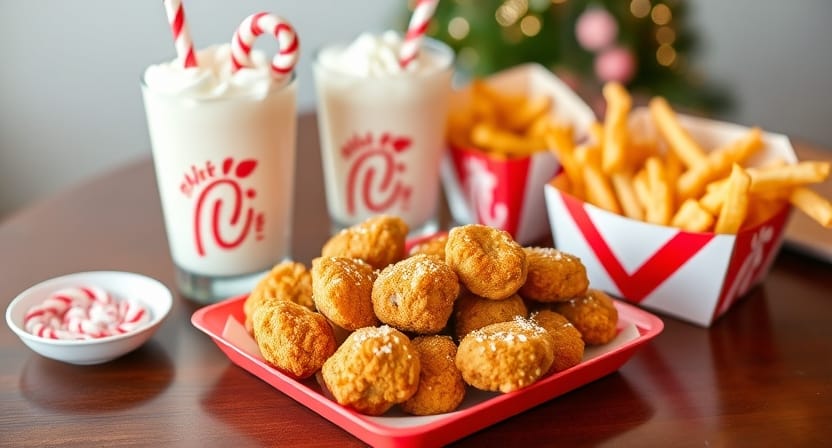 A festive Chick-fil-A meal featuring nuggets, waffle fries, and peppermint milkshakes with candy canes on a holiday-themed table.