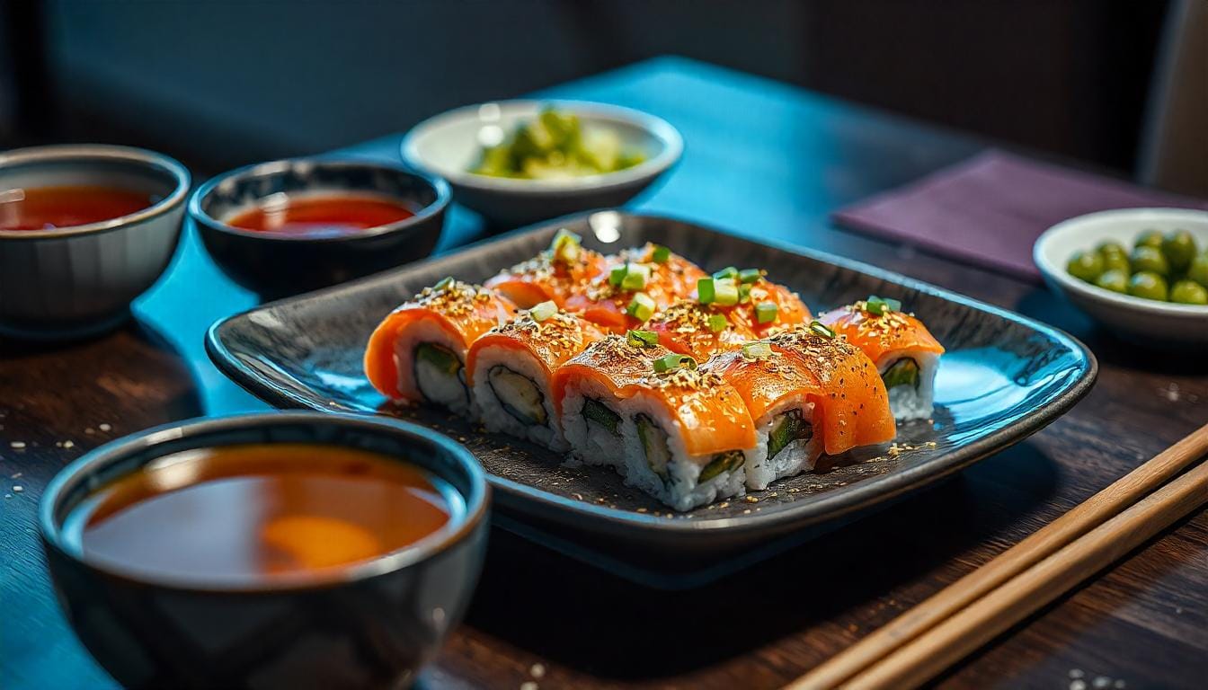 A freshly baked salmon sushi bake in a rectangular dish, featuring creamy salmon layered over sushi rice, topped with nori strips, sesame seeds, and green onions, golden and inviting.