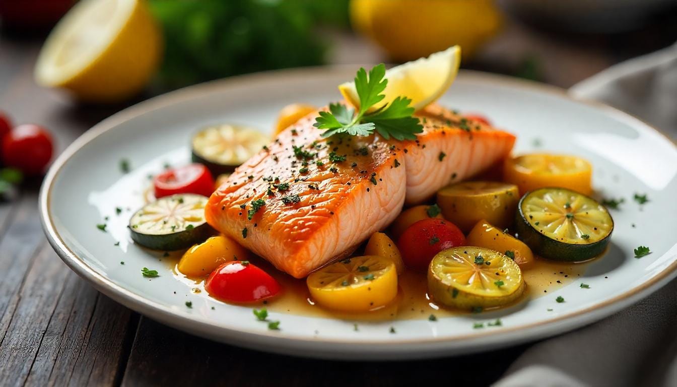 Fresh ingredients for a Mediterranean salmon recipe, including salmon fillets, sliced lemons, garlic cloves, olive oil, and mixed herbs like oregano and parsley on a rustic wooden background.