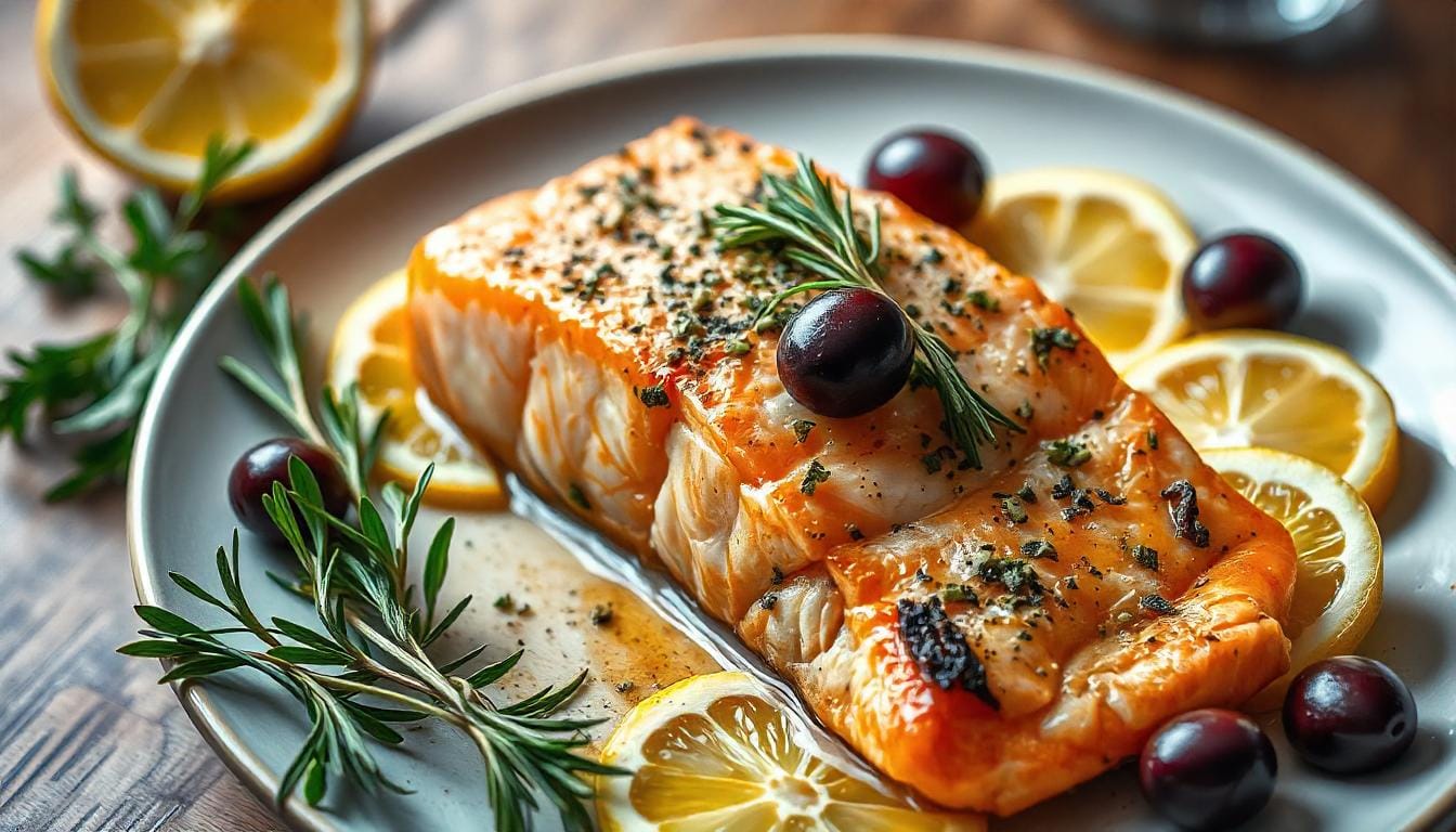 Beautifully plated Mediterranean salmon dish with vibrant lemon slices, fresh herbs, and Kalamata olives arranged around the salmon fillet, showcasing the natural ingredients of the Mediterranean diet.