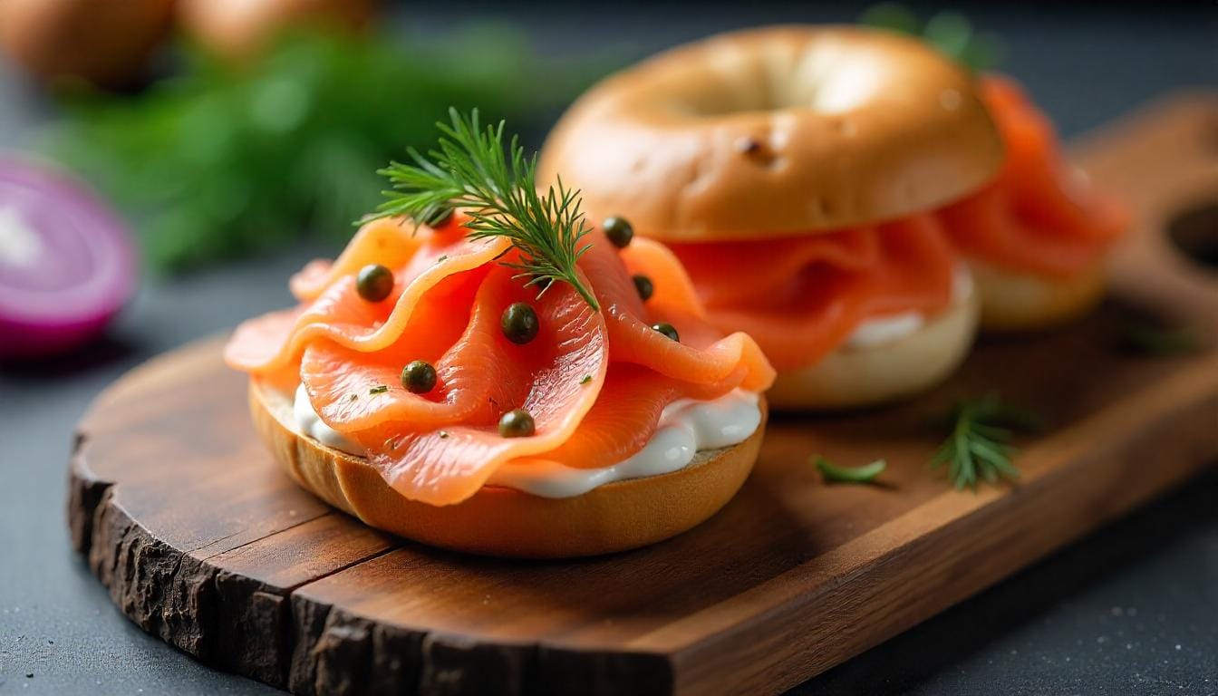 Gourmet smoked salmon platter with a toasted bagel, cream cheese, capers, red onion, and fresh dill, arranged on a rustic wooden board