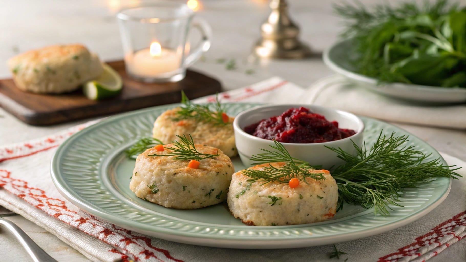 Plate of gefilte fish patties garnished with fresh dill and small carrot pieces, served with a bowl of beet horseradish sauce on a decorative green plate. A cozy table setting with candles and greenery in the background