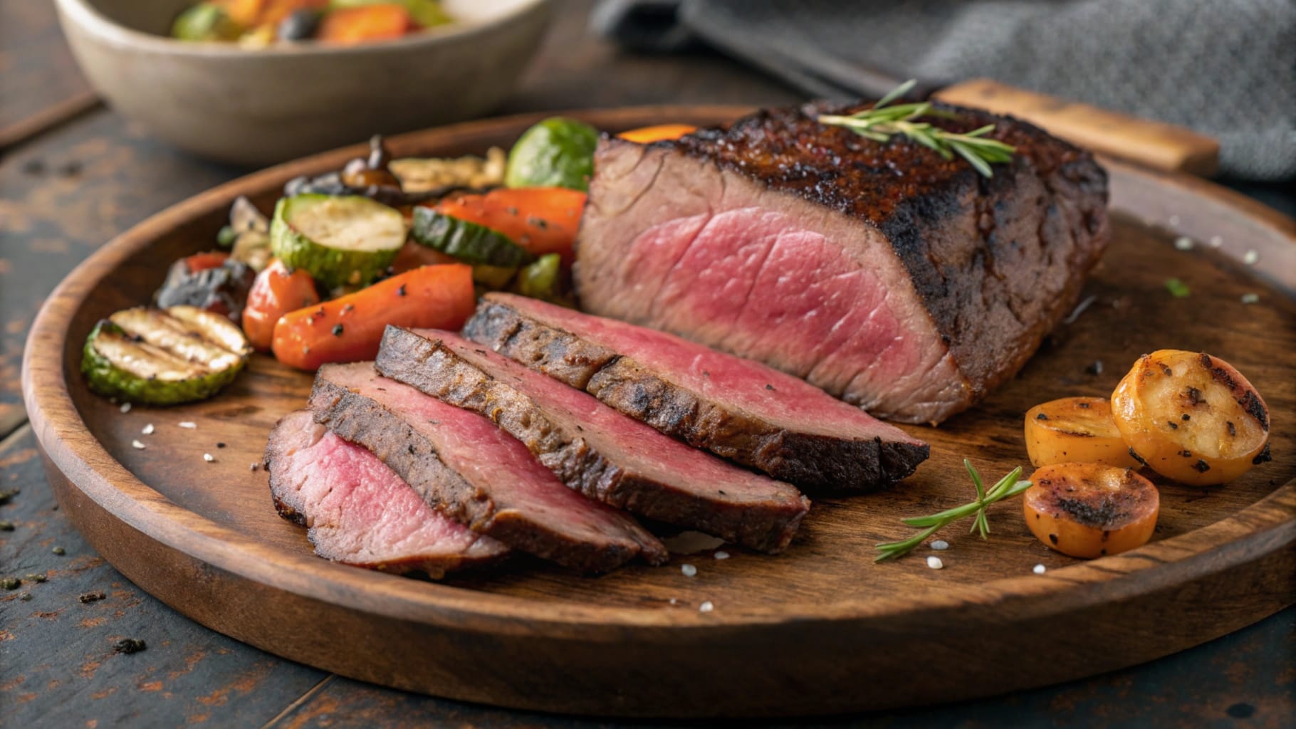 Juicy, perfectly smoked London Broil slices served on a wooden platter with grilled vegetables and garnished with rosemary.