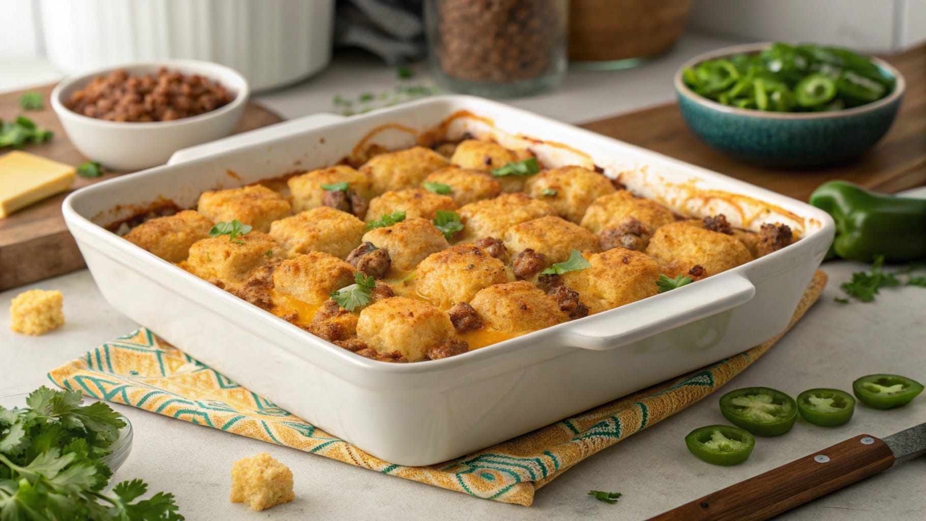 Golden-brown taco tater tot casserole in a white baking dish topped with fresh cilantro, surrounded by sliced jalapeños and cheese.