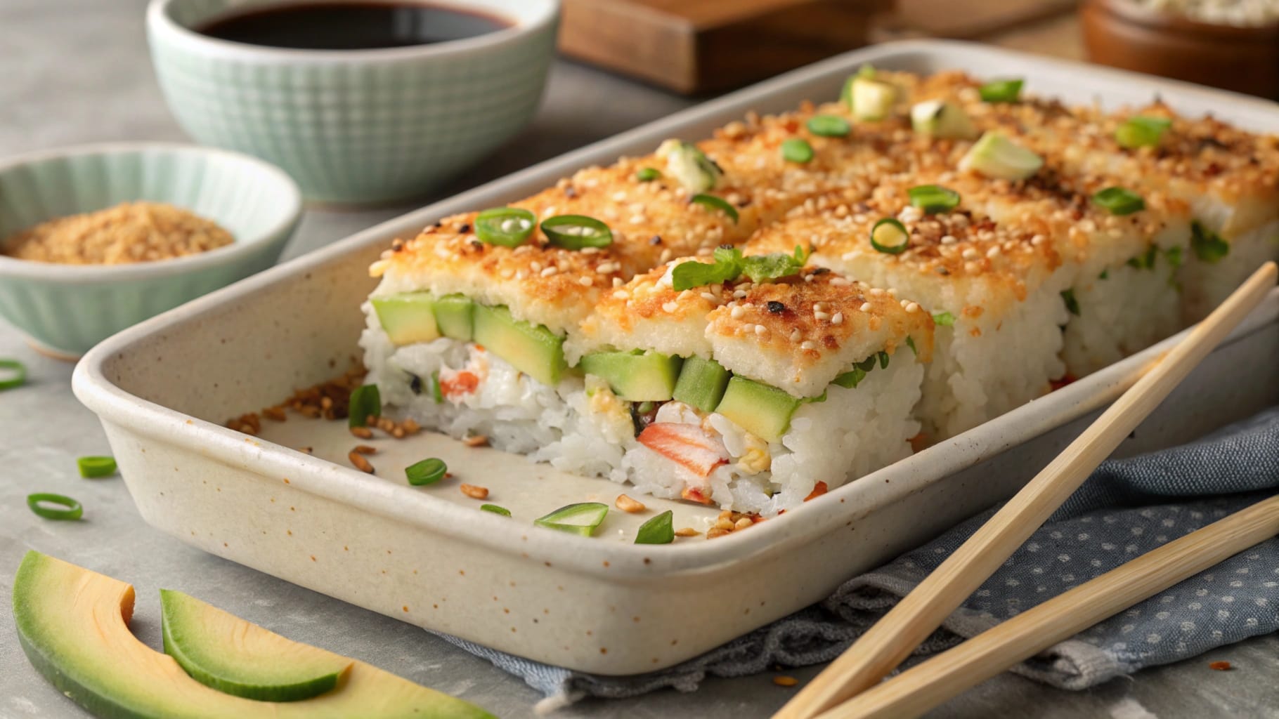 Delicious Easy Sushi Bake with crab, avocado, and crispy topping