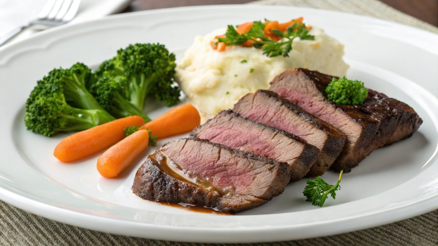 Juicy, sliced beef bottom round steak served on a white plate with mashed potatoes, steamed broccoli, and baby carrots, garnished with parsley.