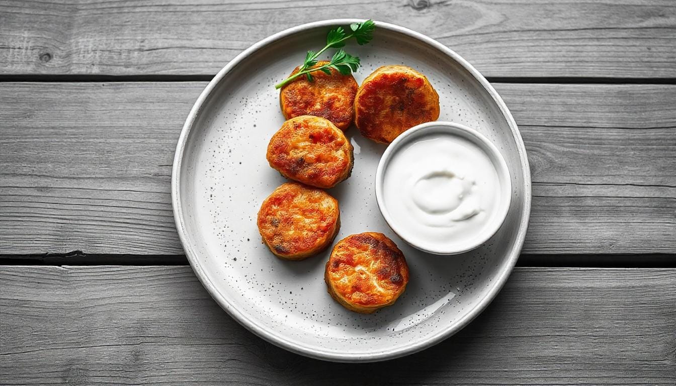 Delicious crispy salmon bites served with dipping sauce and fresh herbs, ready to enjoy.