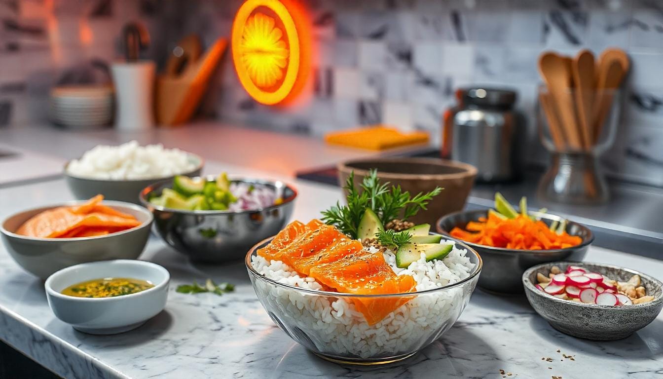 Fresh salmon, rice, and poke toppings ready to make a salmon poke bowl.