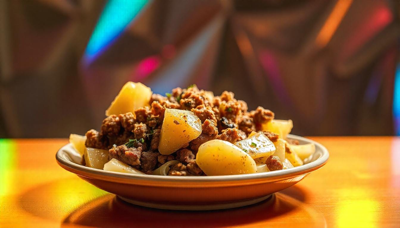 A delicious plate of ground beef, cabbage, and potatoes, served for dinner.